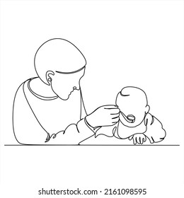 Continuous line drawing of mother feeds the child. Template for your design works. Vector illustration.
