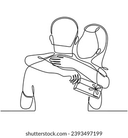 Continuous line drawing of mother giving gift to father