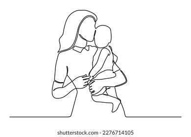 continuous line drawing of mother holding her child lovingly