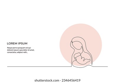 Continuous line drawing of a mother holding her child on a white background. - Vector