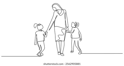 continuous line drawing of a mother holding her children's hands.one line drawing of a mother taking two children for a walk.single line vector illustration.isolated white background