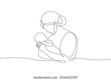 Continuous Line Drawing of Mother Holds Child. Happy Mother`s Day Concept in Line Art Style. Mother with Newborn Linear Vector Illustration. Not AI