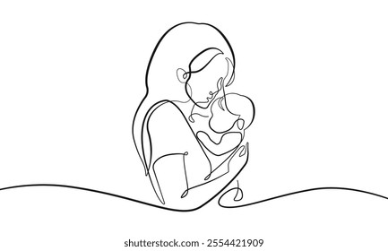 Continuous Line Drawing of Mother Holds Child. Happy Mother`s Day Concept in Line Art Style. Mother with Newborn Linear Vector Illustration. Not AI