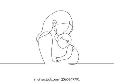 Continuous Line Drawing of Mother Holds Child. Happy Mother`s Day Concept in Line Art Style. Mother with Newborn Linear Vector Illustration. Not AI