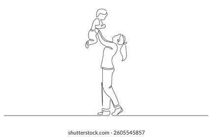 Continuous Line Drawing of Mother Holds Child. Happy Mother`s Day Concept in Line Art Style. Mother with Newborn Linear Vector Illustration. Not AI