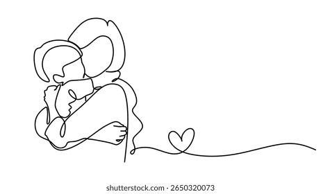 Desenho de linha contínua de uma mãe abraçando seu filho com um símbolo de coração. Mão minimalista desenhada representando o amor materno para uma celebração de cartão de Dia das Mães.