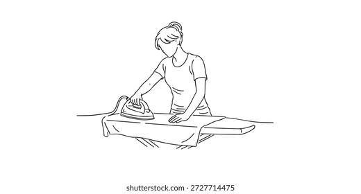 continuous line drawing of a mother ironing clothes on an ironing board. Minimalist line art depicting a woman performing household chores, representing the activities of washing clothes, domestic chores, and everyday home life.