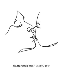 Continuous line drawing mother kisses baby. One line drawing of mother and her child