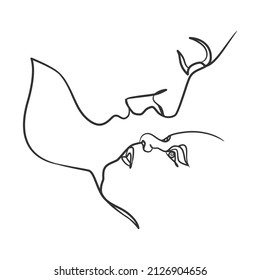 Continuous line drawing mother kisses baby. One line drawing of mother and her child