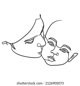 Continuous line drawing mother kisses baby. One line drawing of mother and her child