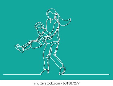 continuous line drawing of mother playing with son