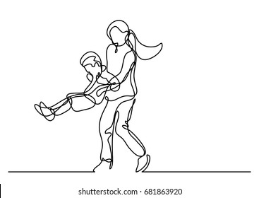 Continuous Line Drawing Of Mother Playing With Son