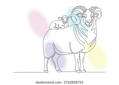Continuous Line Drawing of a Mother Ram and Calf, Hand-Drawn Style with Pastel Watercolor Background, Illustrating Affection and Animal Bond