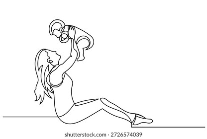 Kontinuierliche Linienzeichnung einer Mutter, die ihr Baby sitzt und hebt. Minimalistische Vektorgrafik von Mutterschaft, Elternschaft und Familienbindung. Konzept von Liebe, Fürsorge, Liebe, Freude, Vektor.