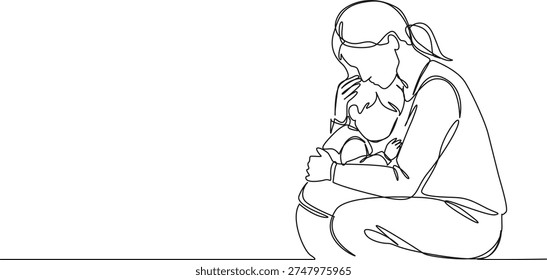 continuous line drawing of mother soothing sad child, line art vector illustration