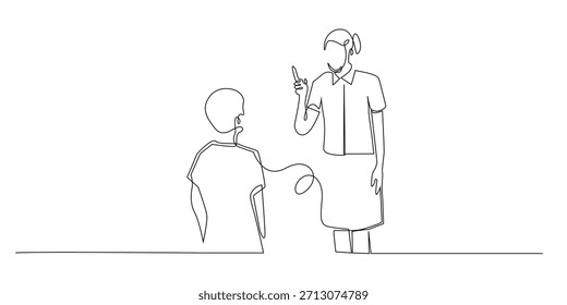 Kontinuierliche Linienzeichnung einer Mutter, die fest zu ihrem jungen Sohn spricht und Betreuungsberatung und Disziplin zeigt. Einzeilige Illustration geeignet für die elterliche Kommunikation Familienunterstützung und Lebensunterricht