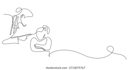 Dibujo continuo de una madre hablando con firmeza a su hijo pequeño mostrando cuidado, orientación y disciplina. Línea única adecuada para la comunicación de la crianza, la Asistencia familiar y las lecciones de vida.