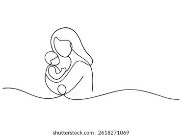 Continuous line drawing of a mother tenderly holding her baby in a minimalist black and white side profile illustration