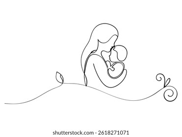 Desenho de linha contínua de uma mãe segurando ternamente seu bebê em uma ilustração de perfil lateral preto e branco minimalista