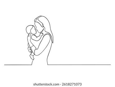 Continuous line drawing of a mother tenderly holding her baby in a minimalist black and white side profile illustration