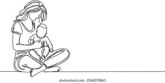 continuous line drawing of mother with toddler on her lap, line art vector illustration