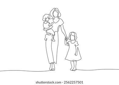 Continuous Line Drawing of Mother Walking with Children. Happy Mother`s Day Concept in Line Art Style. Mother with Children Linear Vector Illustration. Not AI