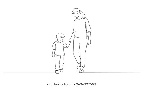 Continuous Line Drawing of Mother Walking with Son. Happy Mother`s Day Concept in Line Art Style. Mother with Child Linear Vector Illustration. Not AI