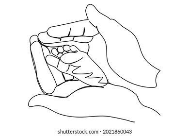 continuous line drawing of mother's hand with baby feet concept, family maternity, vector illustration