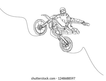 Continuous line drawing motocross competition  One line motor racing concept  Vector illustration