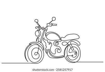 Continuous line drawing of a motorcycle captures the extreme sports' thrill. line art bike rider racing. Motorcycle vector isolated on white background. Retro motorcycle transport concept.