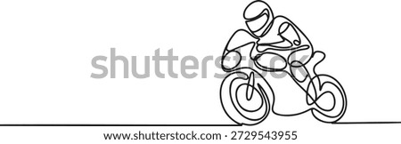 Continuous line drawing of motorcyclist riding on sport motorcycle. One line art. Dynamic motorcycle banner design. Sport bike outline. Fast rider illustration. Speed race vehicle. Adrenaline concept. Motorbike drawing isolated on transparent background. Single line artwork.