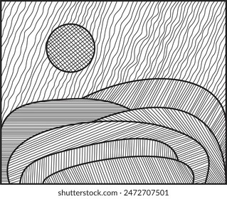 Continuous line drawing of mountain landscape with sunrise. High mounts line art drawing vector design. Wavy ant straight lines. Black and white colors.