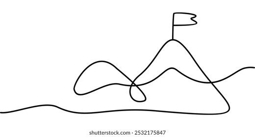 continuous line drawing of mountain peak symbol with flag. abstract line art illustration symbolizing a mission or goal