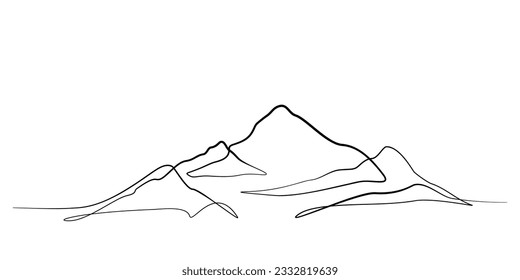 Continuous line drawing of mountain range landscape background. One single line pen drawing of mountain panoramic view. Line art style illustration of nature. Vector simple linear style. Handdrawn