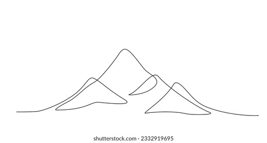 Continuous line drawing of mountain range landscape background. One single line drawing of mountain panoramic view. Line art style illustration of nature. Vector simple linear style. Doodle, handdrawn