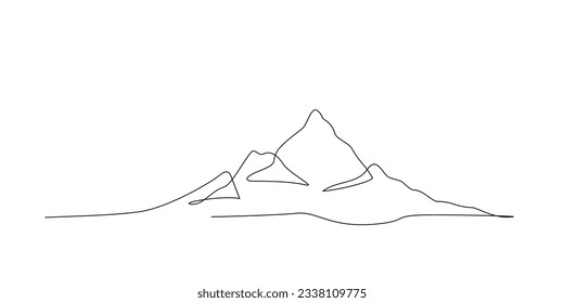 Continuous line drawing of mountain range landscape background. One single line pen drawing of mountain panoramic view. Line art style illustration of nature. Vector simple linear style. Handdrawn