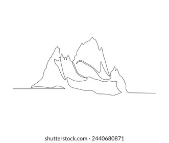 Continuous line drawing of mountain range. Mounts and high peak in simple line. Mountain continuous line art. Editable outline.
