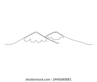 Continuous line drawing of mountain range. Mounts and high peak in simple line. Mountain continuous line art. Editable outline.
