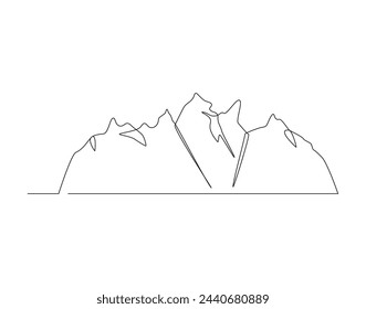 Continuous line drawing of mountain range. Mounts and high peak in simple line. Mountain continuous line art. Editable outline.
