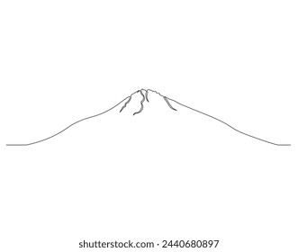 Continuous line drawing of mountain range. Mounts and high peak in simple line. Mountain continuous line art. Editable outline.
