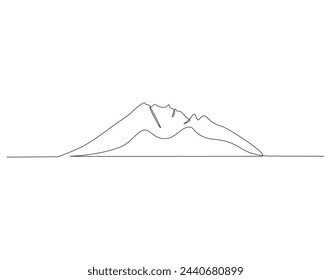 Continuous line drawing of mountain range. Mounts and high peak in simple line. Mountain continuous line art. Editable outline.
