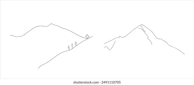 Continuous line drawing of mountain range. Mounts and high peak in simple line. Mountain continuous line art. Editable outline set.