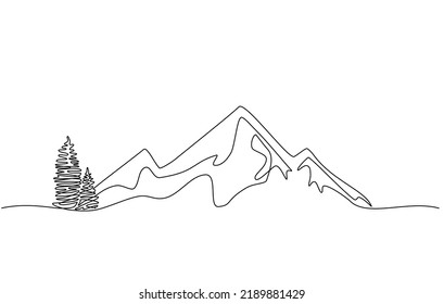 Dibujo continuo de un paisaje montañoso. Horizonte minimalista con picos montañosos en un estilo simple de línea única. El concepto de aventura deportiva de invierno al estilo doodle. trazos editables.