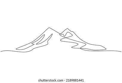 Continuous line drawing of a mountainous landscape. Minimalist horizon with mountain peaks in simple single line style. Winter sports adventure concept in doodle style. Editable strokes.