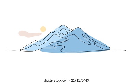 Continuous line drawing of a mountainous landscape. Minimalist horizon with mountain peaks in simple single line style. Winter sports adventure concept in doodle style. Editable strokes.