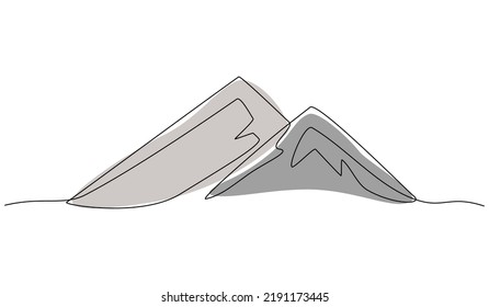 Continuous line drawing of a mountainous landscape. Minimalist horizon with mountain peaks in simple single line style. Winter sports adventure concept in doodle style. Editable strokes.