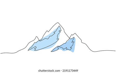 Continuous line drawing of a mountainous landscape. Minimalist horizon with mountain peaks in simple single line style. Winter sports adventure concept in doodle style. Editable strokes.