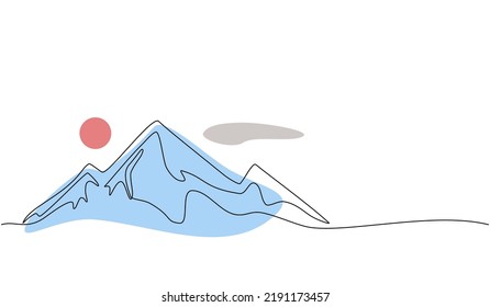 Continuous line drawing of a mountainous landscape. Minimalist horizon with mountain peaks in simple single line style. Winter sports adventure concept in doodle style. Editable strokes.