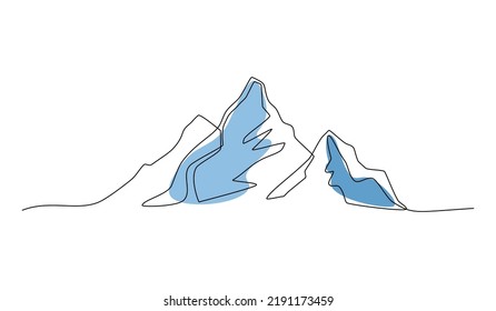 Continuous line drawing of a mountainous landscape. Minimalist horizon with mountain peaks in simple single line style. Winter sports adventure concept in doodle style. Editable strokes.