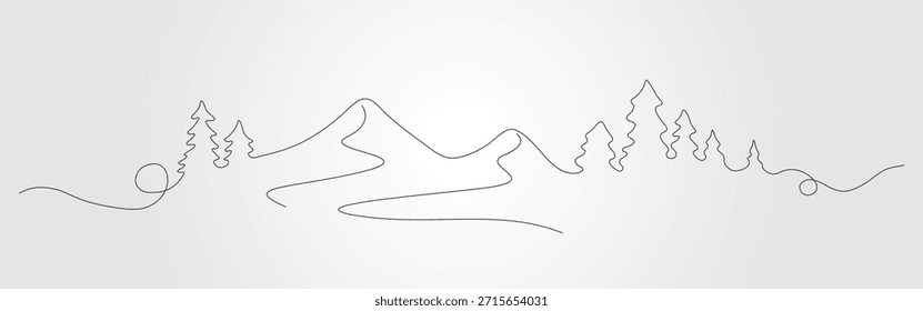 Desenho de linha contínua de montanhas e árvores perenes. design de modelo de arte de linha de natureza.